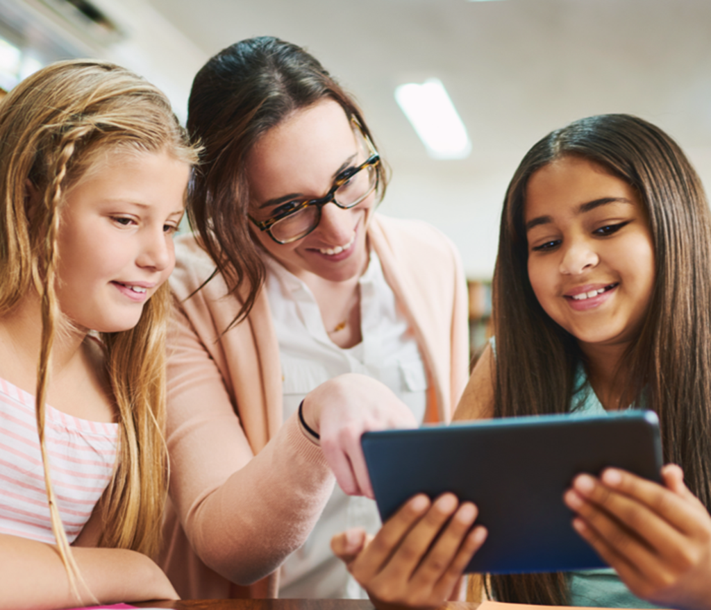 A family uses a tablet device